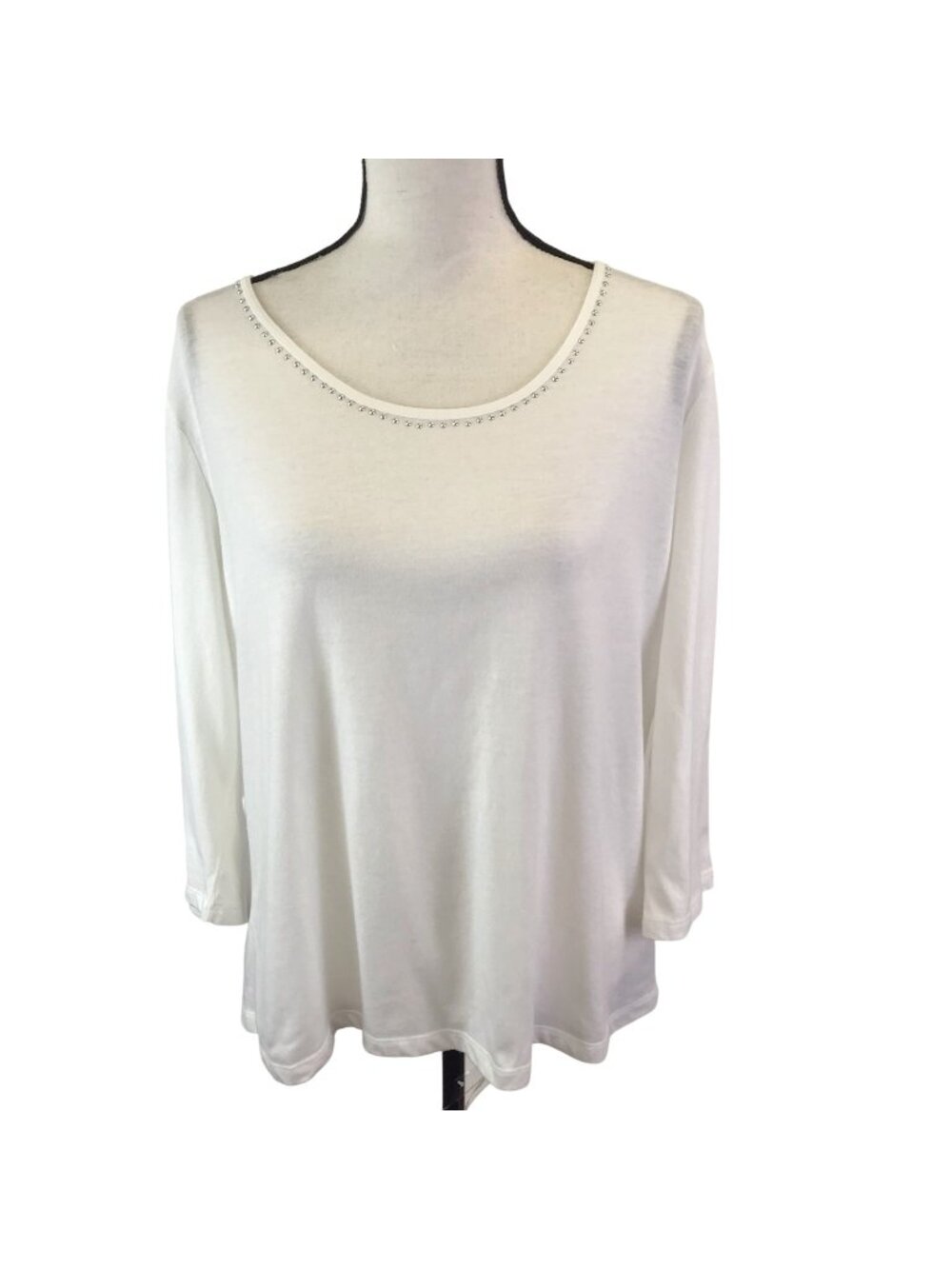 Ellen Tracy White 3/4 Sleeve Top XL Scoop Neck Rhinestone Trim Cotton Blend